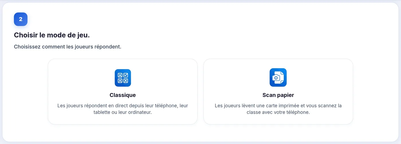 Etape 2 de la page d'accueil : deux blocs, Classique et Scan papier