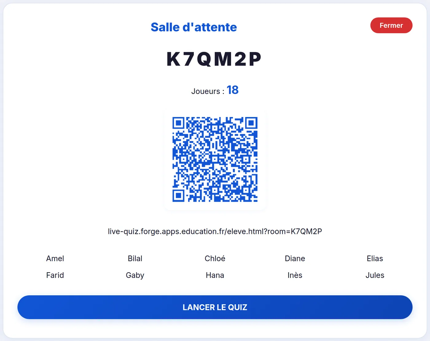 Salle d'attente avec QR code, code de salle et liste des joueurs