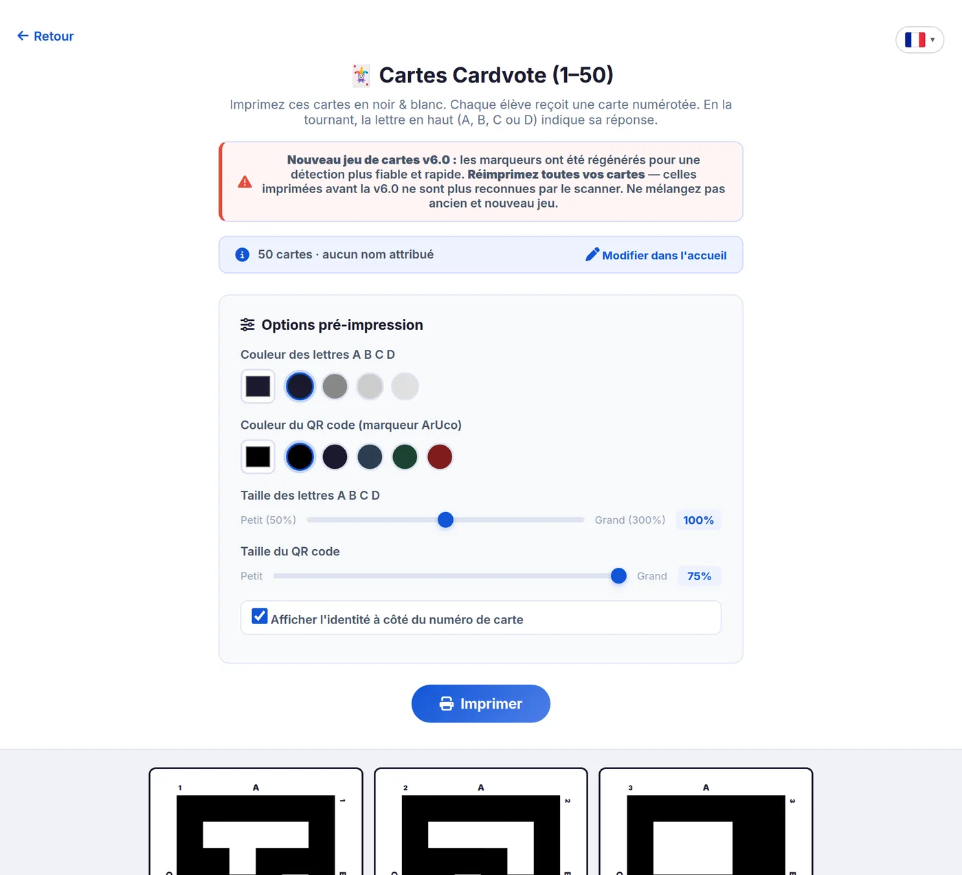 Page d'impression des cartes avec ses options