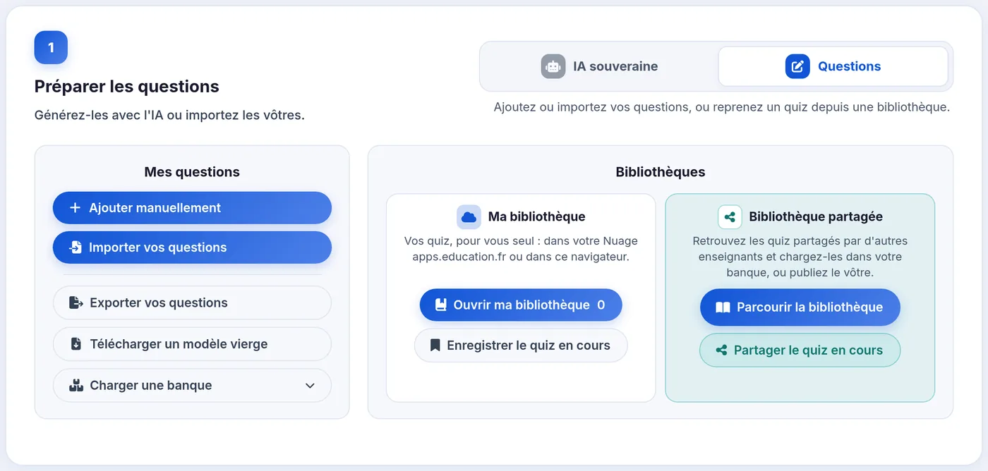 Etape 1, onglet Questions : a gauche Mes questions, a droite le bloc Bibliotheques, avec Ma bibliotheque et la Bibliotheque partagee