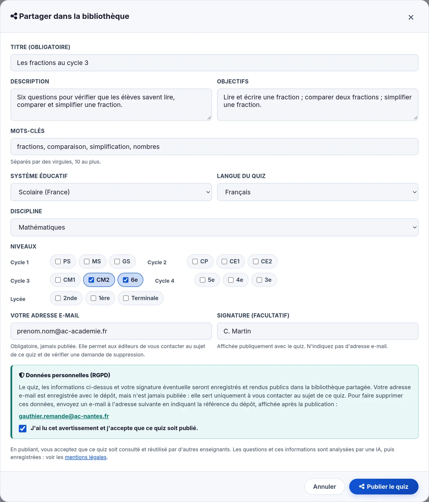 Fenetre Partager dans la bibliotheque : fiche pre-remplie, adresse e-mail, signature et avertissement RGPD coche