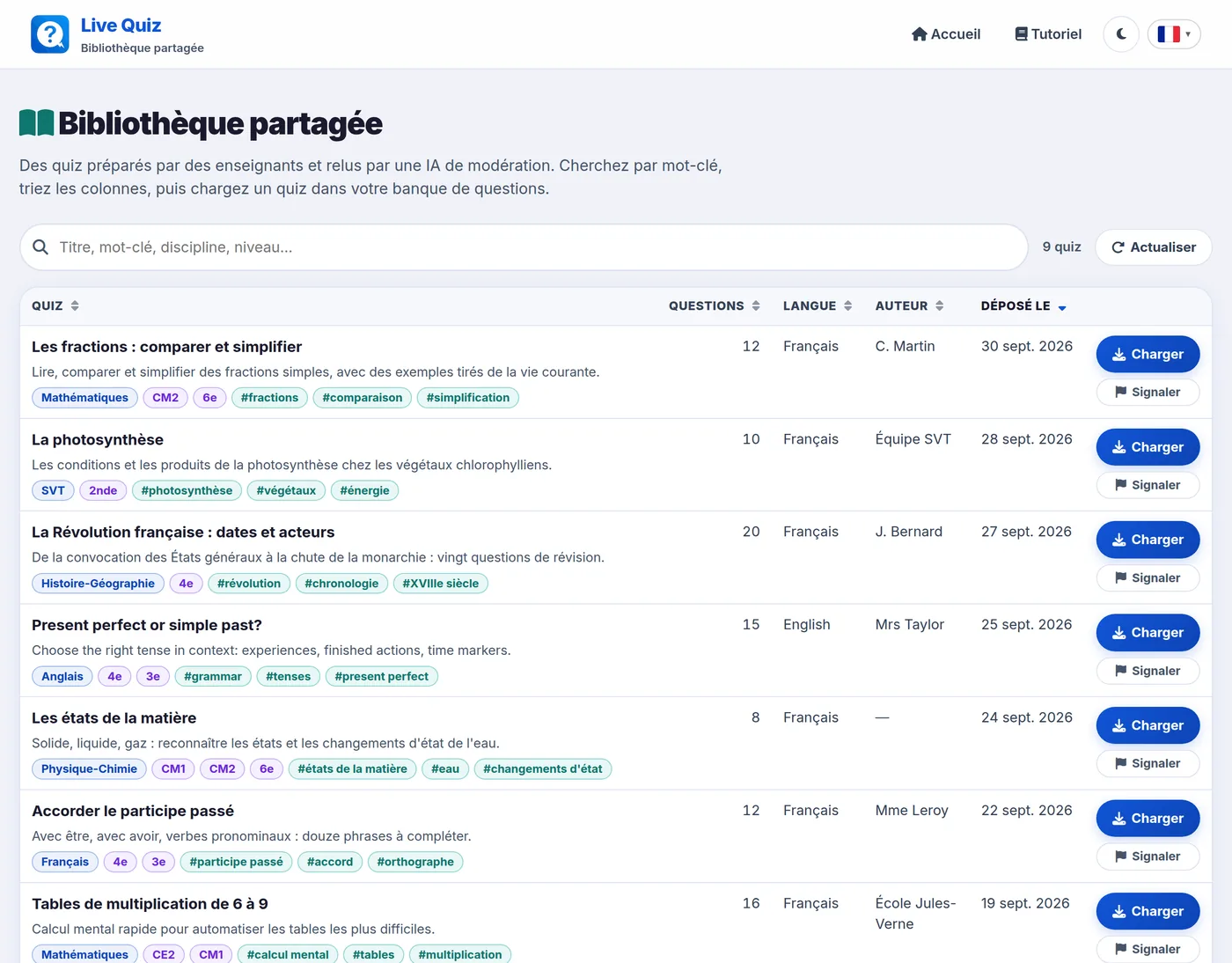Page Bibliotheque partagee : champ de recherche, tableau des quiz avec etiquettes et boutons Charger et Signaler