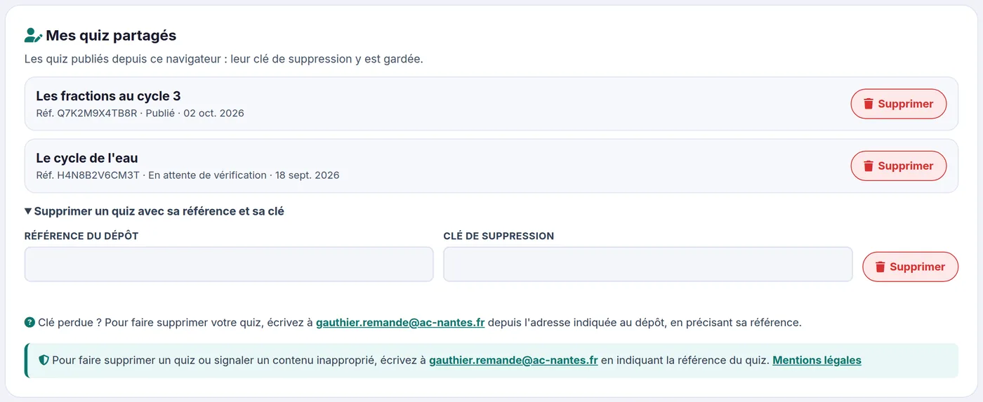Section Mes quiz partages : deux quiz avec leur bouton Supprimer, et le formulaire reference et cle
