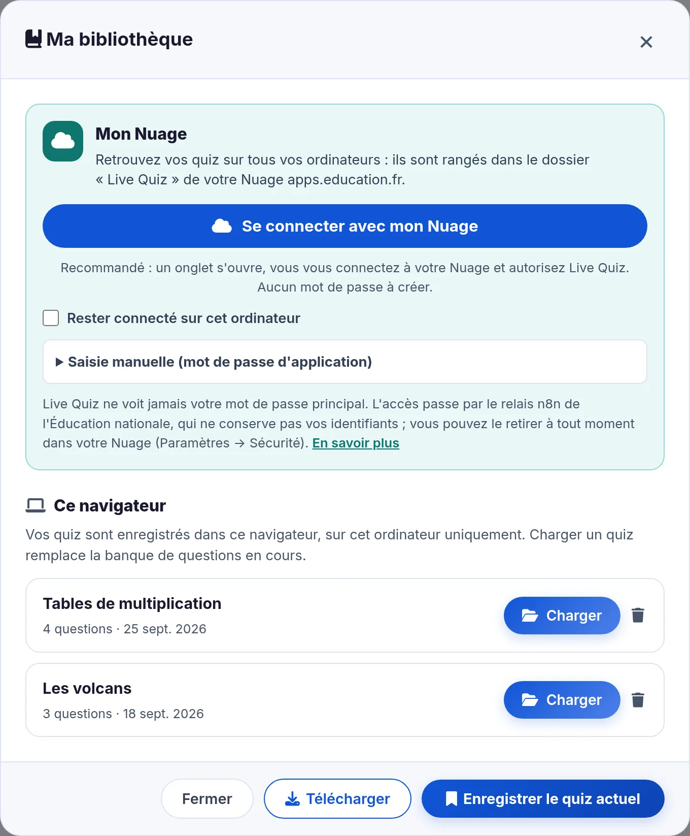 Fenetre Ma bibliotheque avant connexion : bouton Se connecter avec mon Nuage, case Rester connecte, saisie manuelle, puis les quiz de ce navigateur