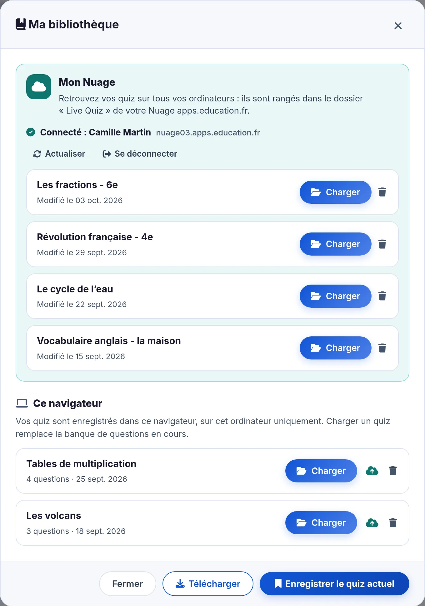 Fenetre Ma bibliotheque connectee : quatre quiz dans Mon Nuage avec Charger et Supprimer, deux quiz dans Ce navigateur avec le bouton Envoyer dans mon Nuage