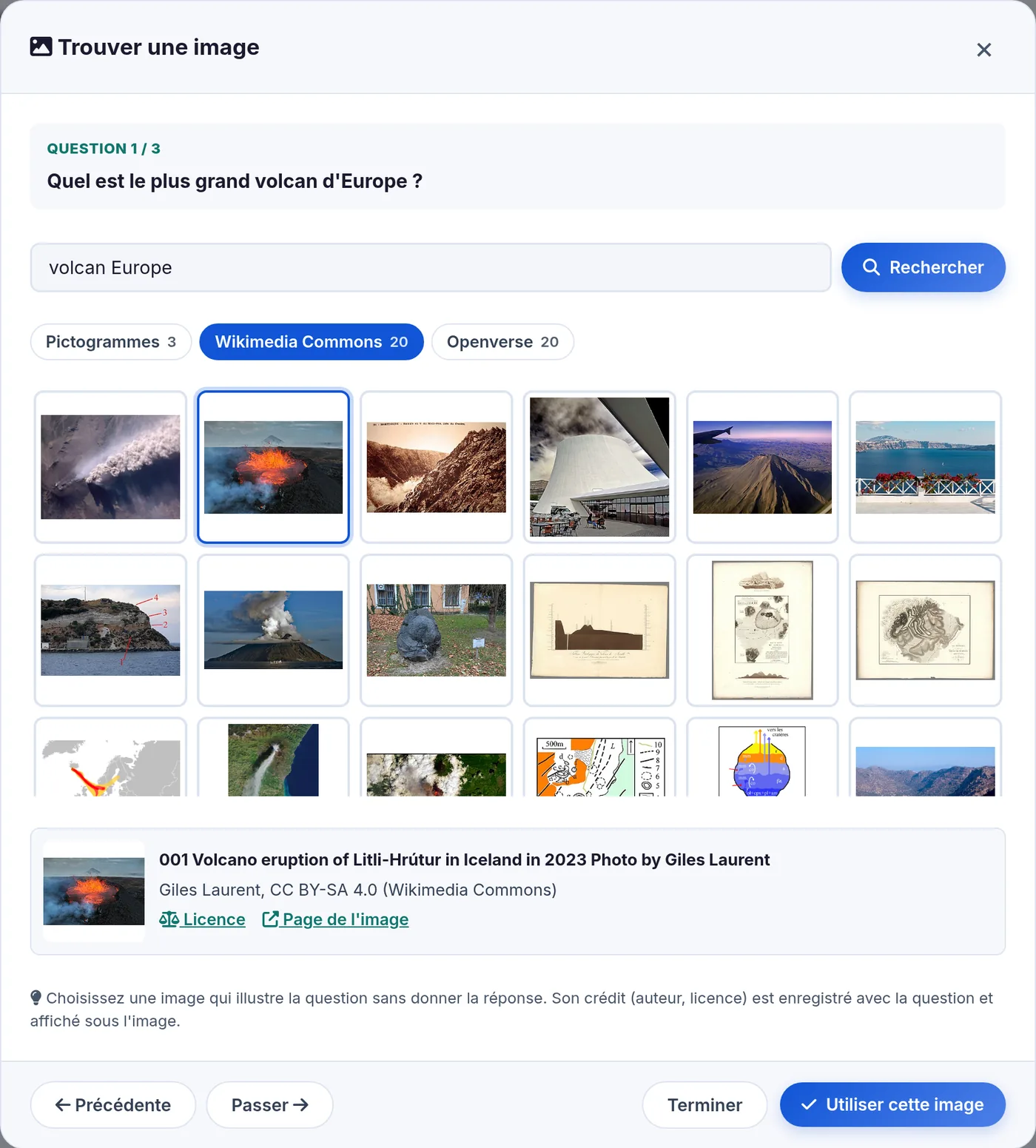 Fenêtre Trouver une image pendant « Illustrer » : question 1 sur 3, mots-clés volcan Europe, onglet Wikimedia Commons, une photo choisie avec son auteur et sa licence