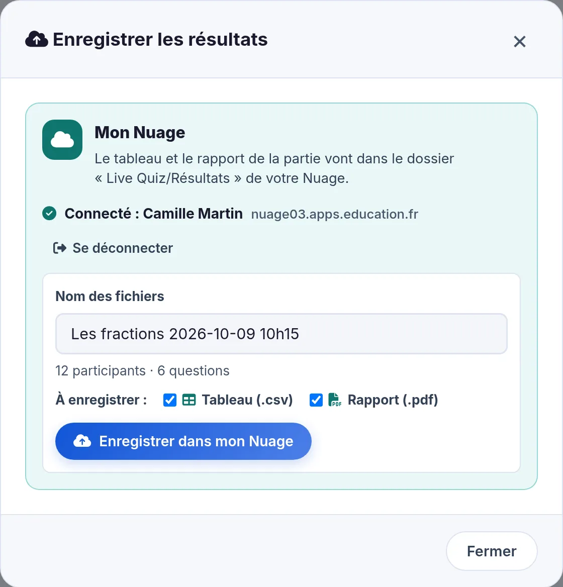 Fenêtre Enregistrer les résultats : connecté au Nuage, nom des fichiers, cases Tableau et Rapport, bouton Enregistrer dans mon Nuage